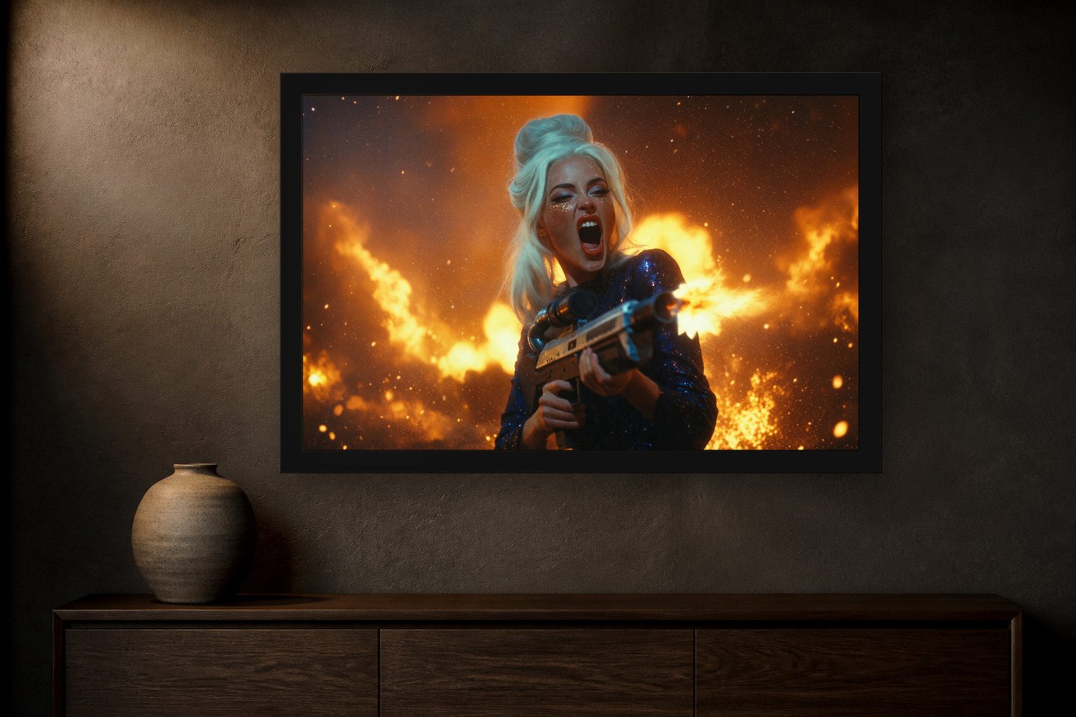 clamor in room, thick black frame