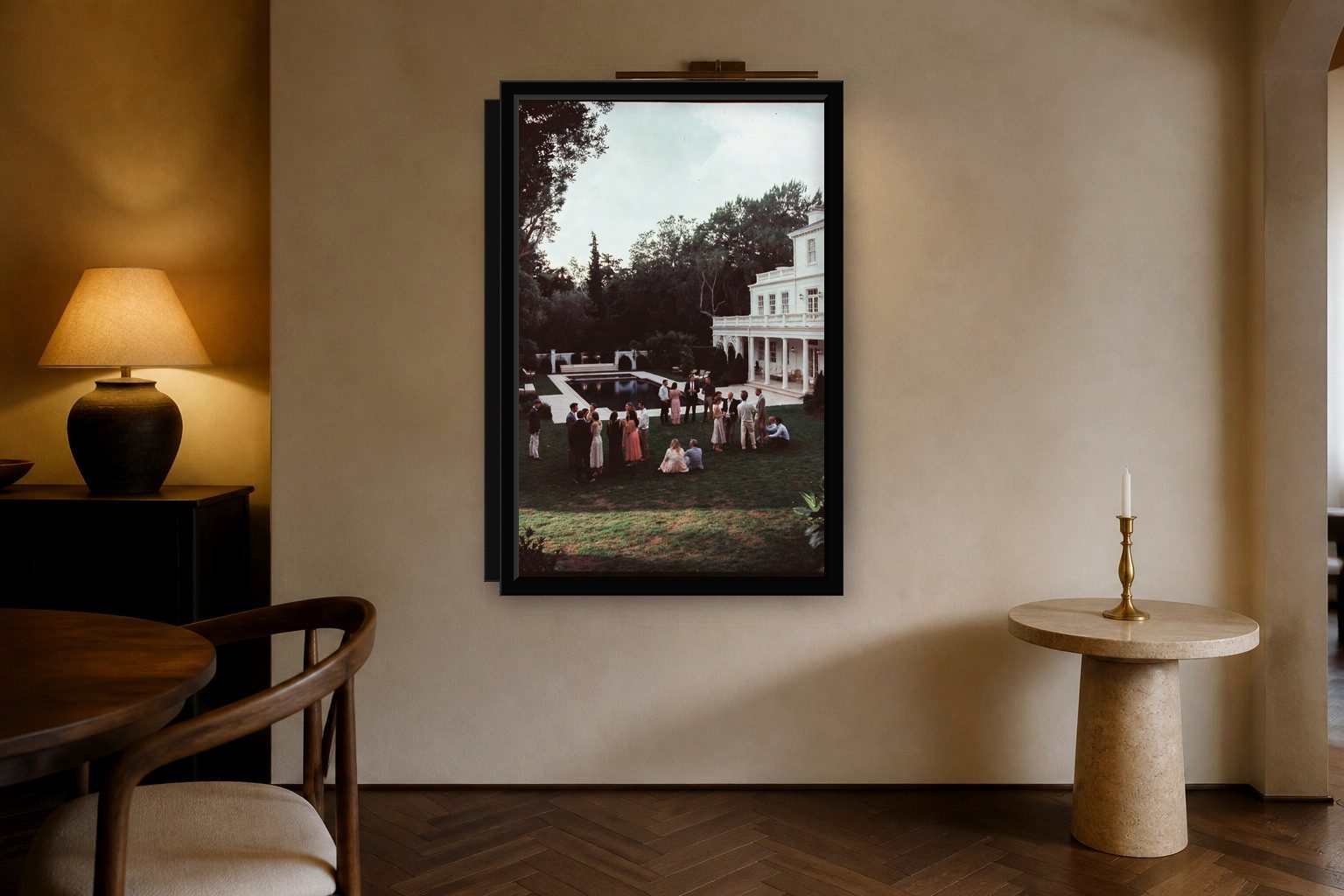 convivium in room, thick black frame