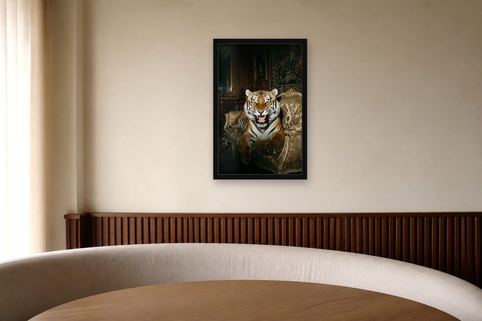 Tigris in room, thick black frame